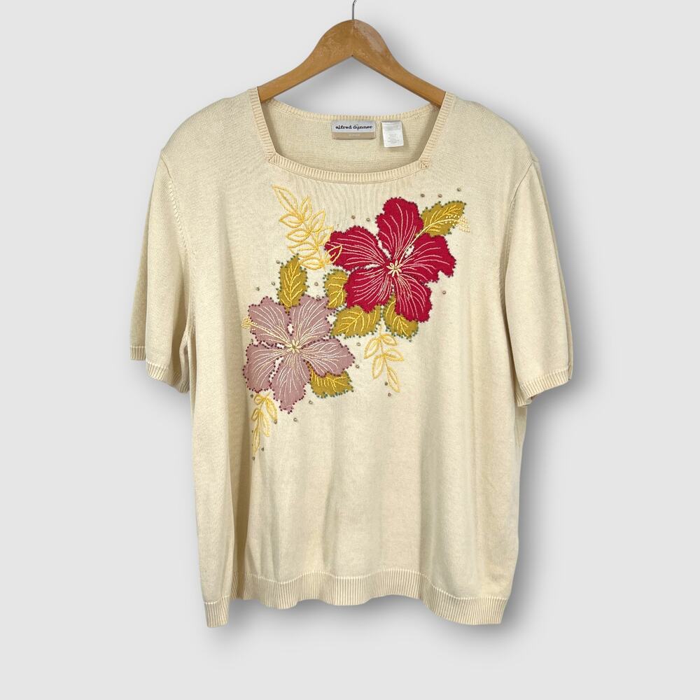 90s Vintage Floral Embroidered Beaded Short Sleeve Knit Sweater XL